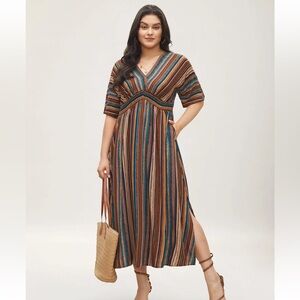 BloomChic Striped Contrast Dolman Sleeve Shirred Pocket Split Flutter Dress 2XL